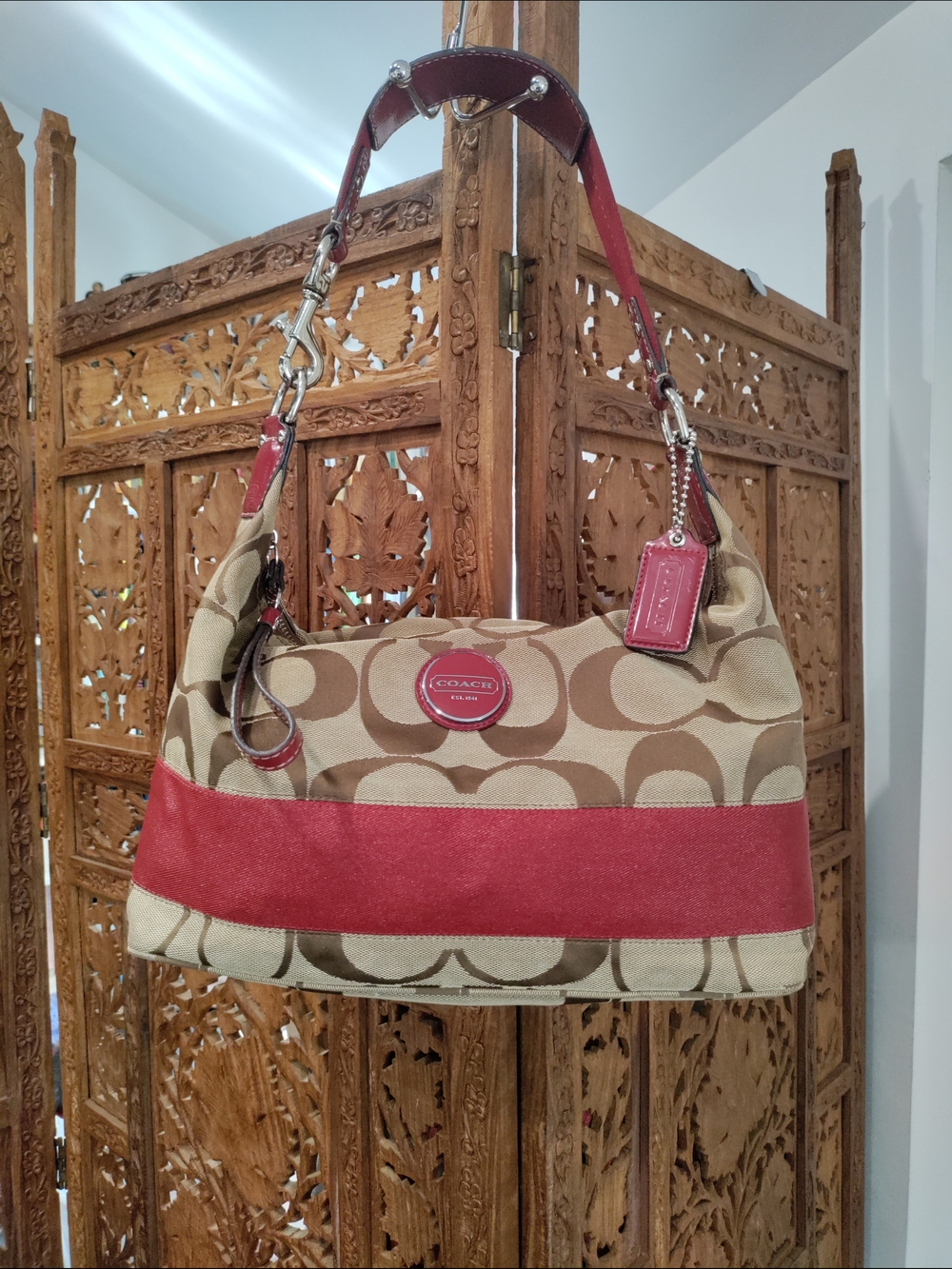 Coach Y2K Signature Canvas Hobo Shoulder Bag Khaki & Berry Red Patent Leather